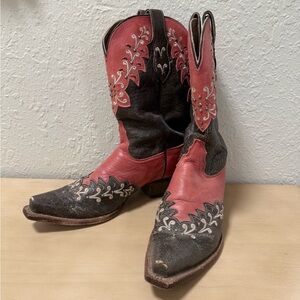Tony Lama Brown and Pink Heeled Boots with Intricate Embroidery